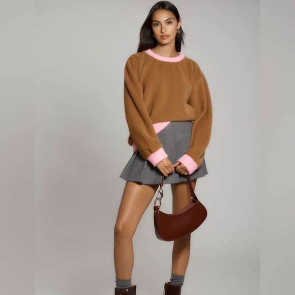 NWT Anthropologie Maeve Cozy Ringer Sweatshirt Cozy Brown Pink Women's Sweater - Picture 4 of 9